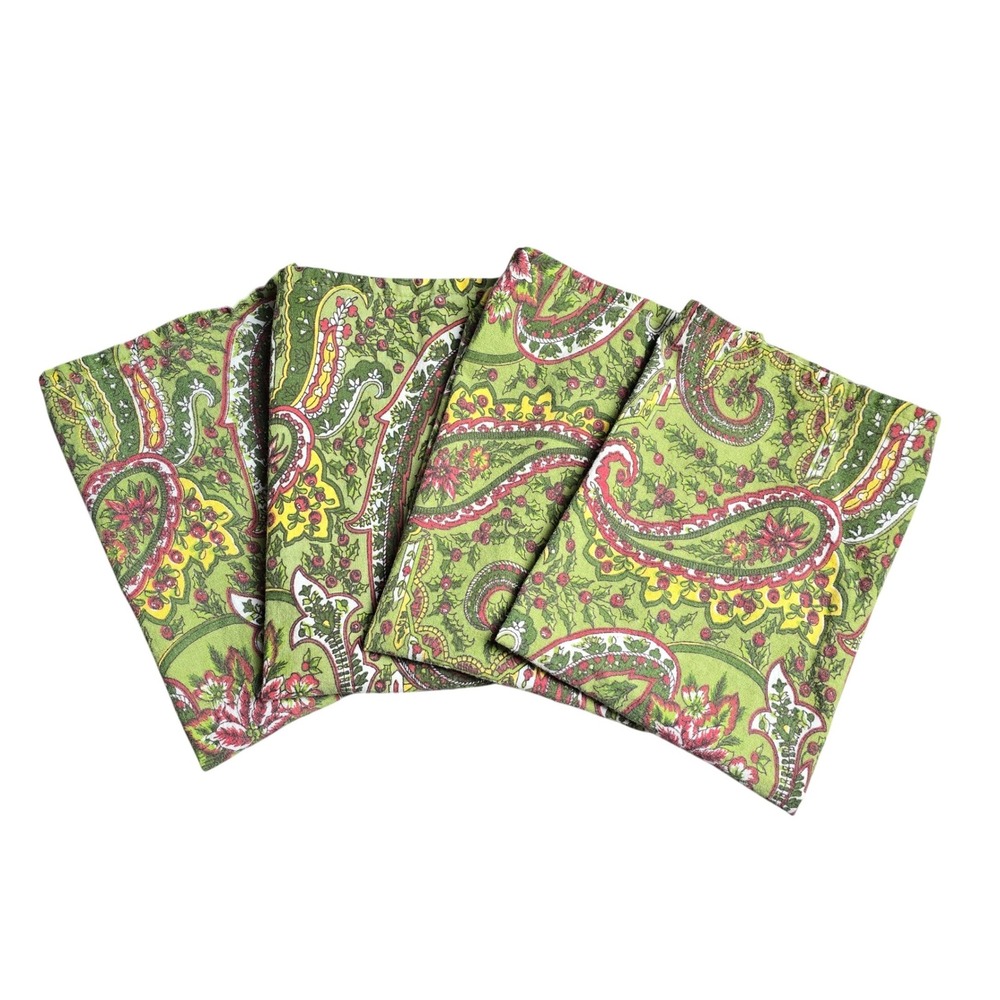 VTG April Cornell Cotton Cloth Napkins‎ Set of 4 Green Paisley Christmas Holly
